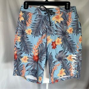 Hurley Men's Hawaiian Floral Board Shorts‎ Light Blue, Yellow, Red Flowers Sz 30